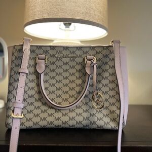 Michael Kors Signature MK Satchel with Pink Trim and Gold Hardware